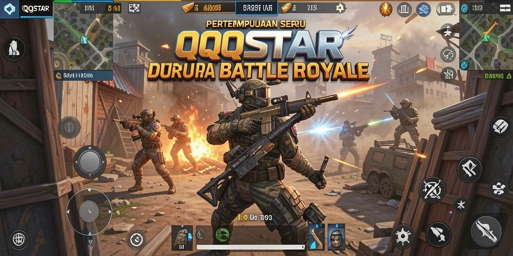 Tampilan utama gameplay QQSTAR dengan aksi Battle Royale yang mendebarkan.
